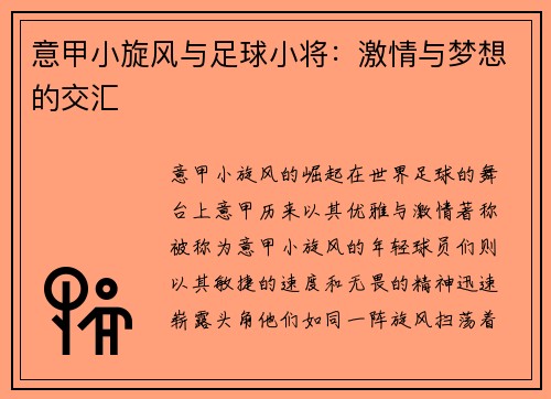 意甲小旋风与足球小将：激情与梦想的交汇