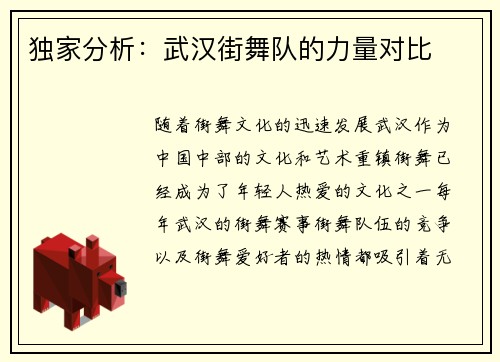 独家分析：武汉街舞队的力量对比
