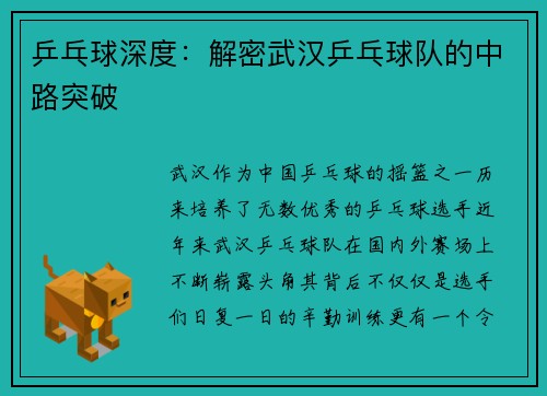 乒乓球深度：解密武汉乒乓球队的中路突破