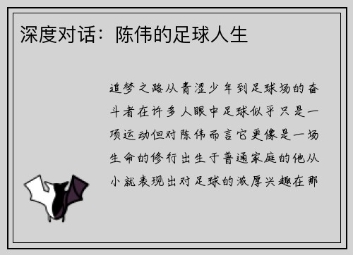 深度对话：陈伟的足球人生
