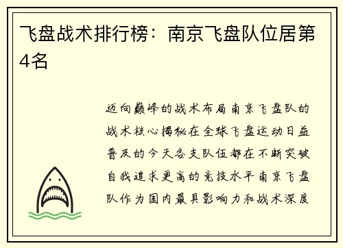 飞盘战术排行榜：南京飞盘队位居第4名