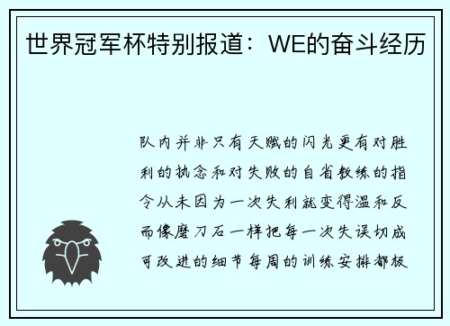 世界冠军杯特别报道：WE的奋斗经历