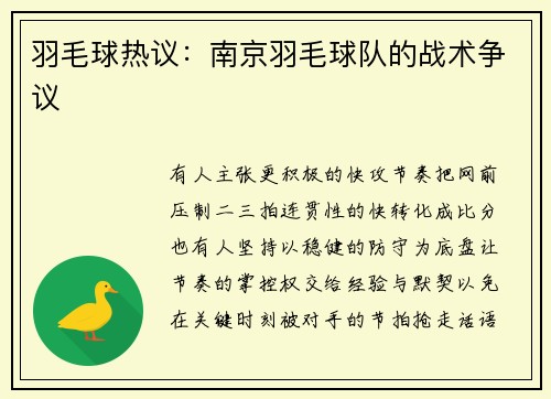 羽毛球热议：南京羽毛球队的战术争议