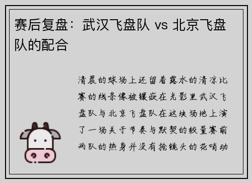 赛后复盘：武汉飞盘队 vs 北京飞盘队的配合