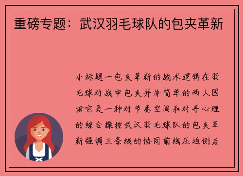 重磅专题：武汉羽毛球队的包夹革新